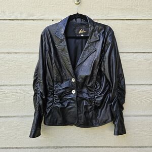 vintage Neto black ruched leather jacket size 12 MISSING BUTTON